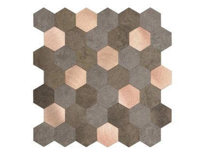 2704008 Samolepicí dlaždice na zeď, kovové a kamenné hexagony, rozměr šířka x výška 29 x 28,8cm