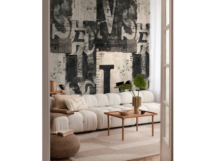 Tapetový stěnový panel / vliesová tapeta  79144-4, role 8,80x0,53 m, barva krémová, šedá, černá