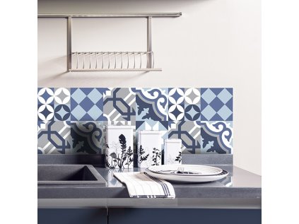 Samolepicí dekorace Crearreda Tile Cover Grey & Blue 31220 Kachlík, šedo-modro-bílé ornamenty