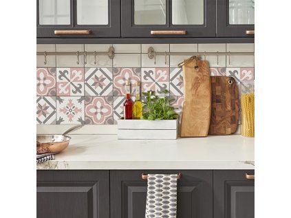 Samolepicí dekorace Crearreda Tile Cover Pink 31224 Kachlík, růžovo-šedo-bílé ornamenty